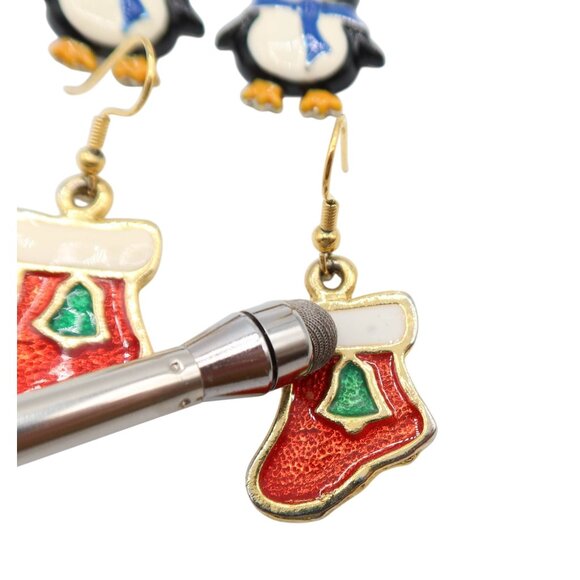 Enamel Stocking Penguin Christmas Theme Earrings Set Of 2 Winter Holiday Festive - Picture 4 of 6